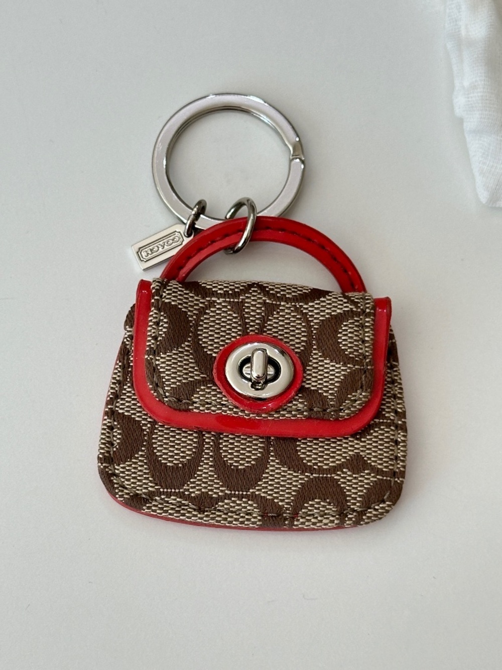 Rare COACH Signature Brown Canvas Red Leather Turnlock Keychain Charm Keyring